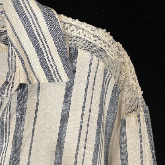 Zara Shirt Dress Linen Blue Cream Striped Lace Shoulder Tunic Style Mini S - Picture 3 of 6